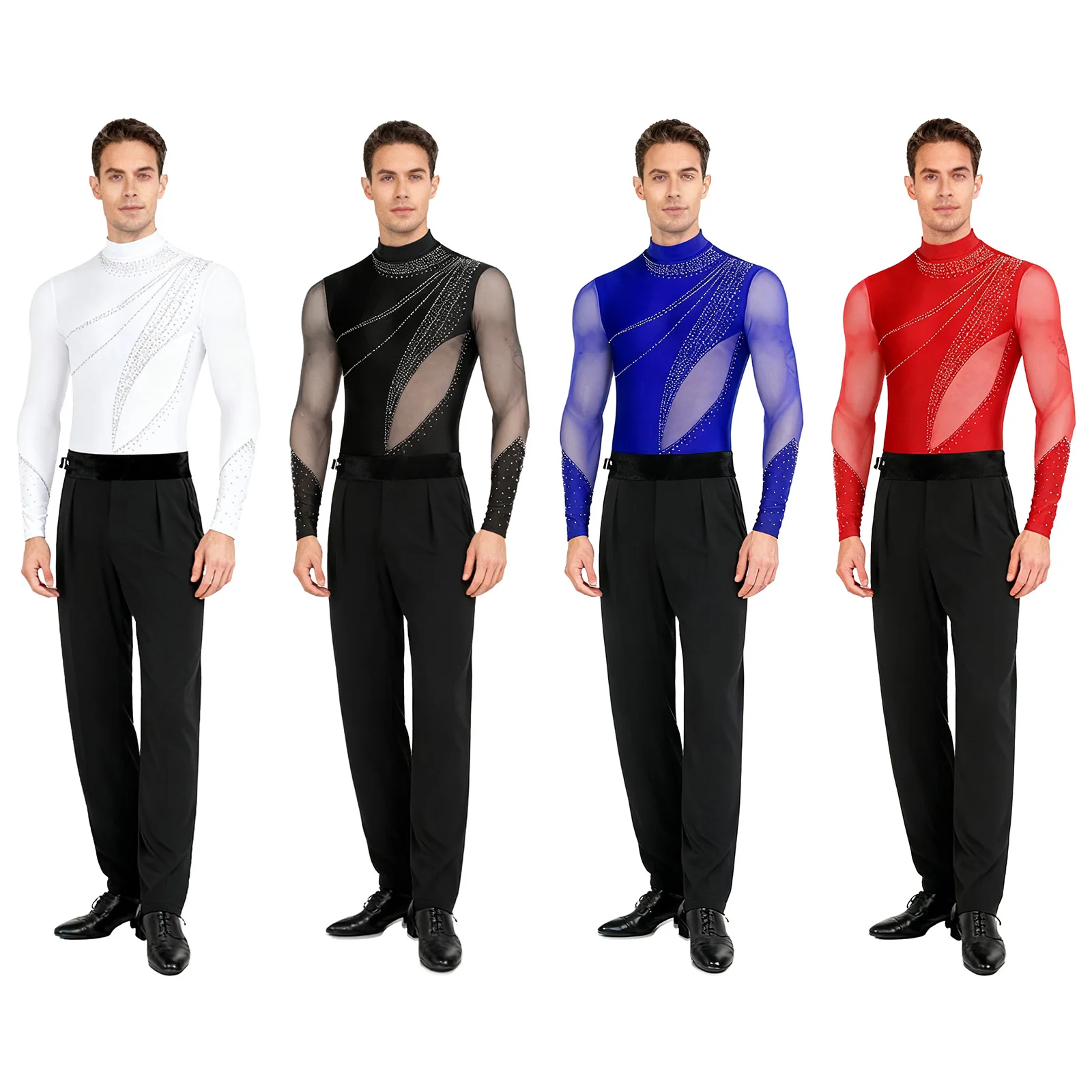 Men Latin Dance Outfit Rhinestone Mesh Long Sleeve Openable Crotch Leotard Bodysuit+Long Pants Ballet Rumba Tango Dance Costume