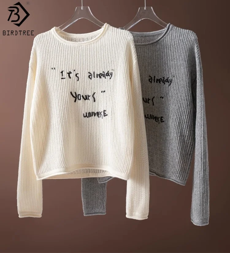 

Birdtree 31,8% вязаный свитер из овечьей шерсти с вышивкой, женская шерстяная рубашка с круглым вырезом и длинными рукавами, осень-зима 2022, пуловер T59442JF