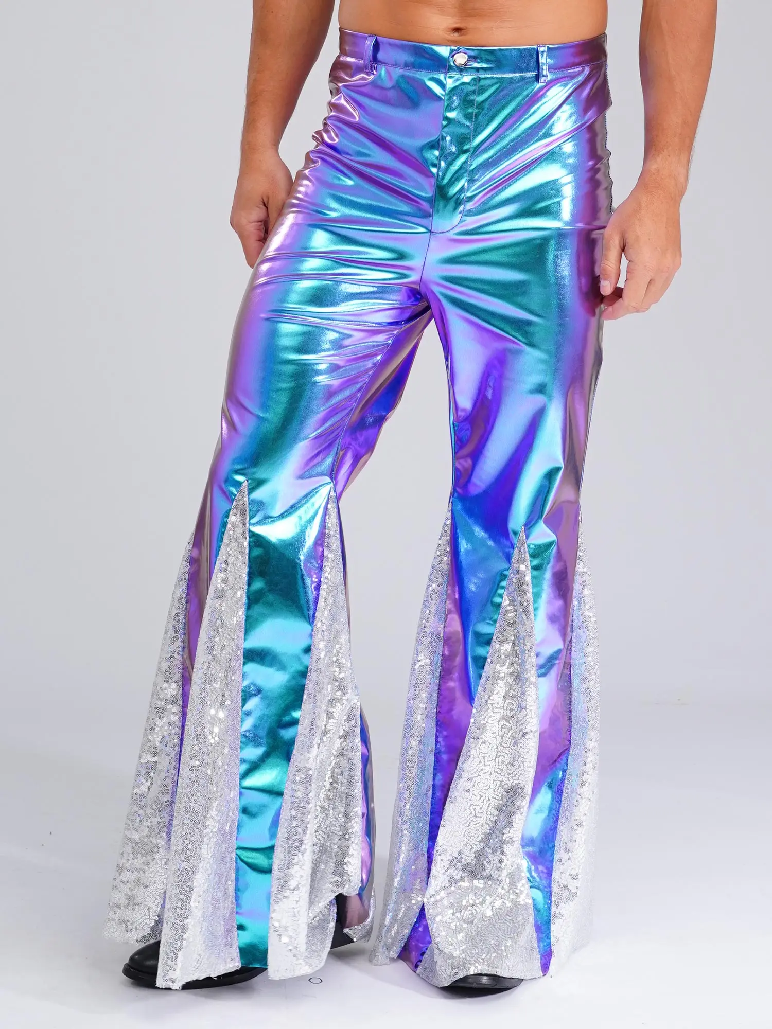 Mens Shiny Metallic 70s Disco Pants Hippie Vintage Costume Dance Party Sequins Bell Bottoms Stage Performance Flared Pants