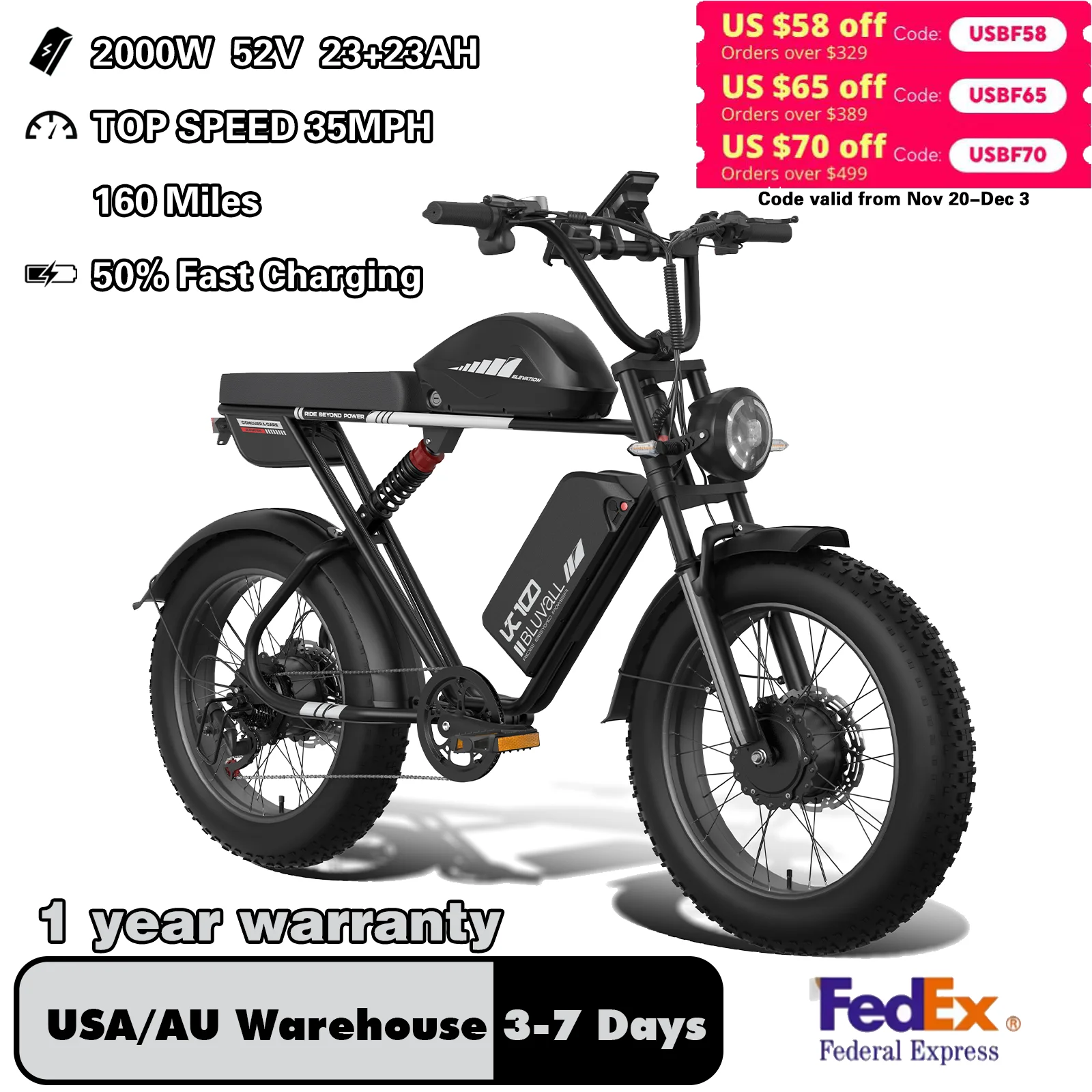 

Electric Bike for Adult 2000W Dual Motor 52V 23Ah+23Ah 20" Fat Tire Mountain Urban Off-Road Dirt E-Bike Speedy Commute Ebikes
