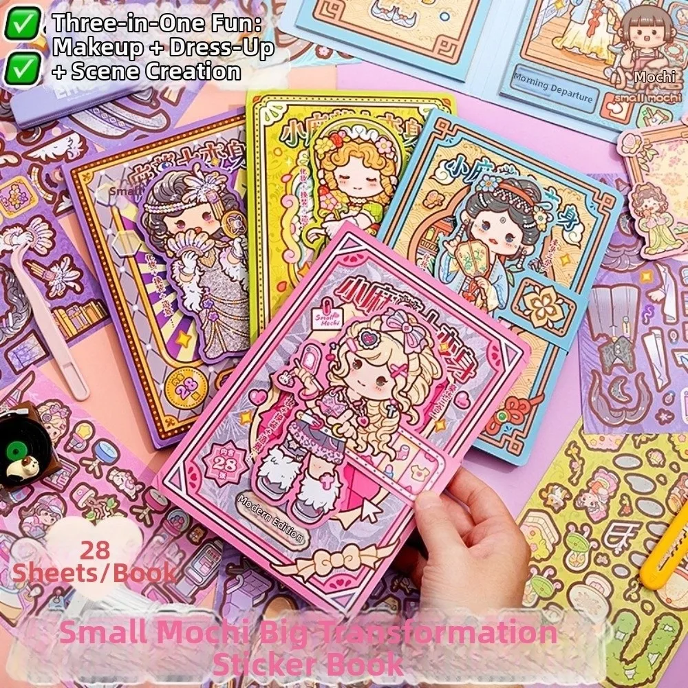 28 Sheets Cartoon Dress-up Sticker Quiet Book Cabin Stereoscopic Design DIY Doll Makeup Sticker Beauty Scenery