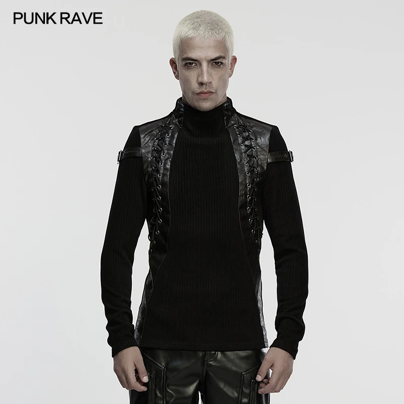 

Мужская полосатая трикотажная и кожаная саржевая плиссированная красивая футболка в стиле панк-рейв, минималистичный дизайн с длинными рукавами и летящими краями