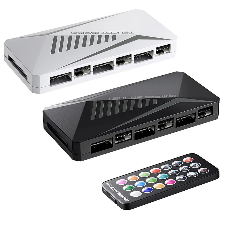 TEUCER 6P PWM & ARGB Controller 4Pin PWM 1 Drag 6 Splitter SATA Power Temperature Control Magnetic Suction Hub for PC Case