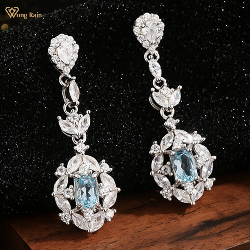 

Wong Rain 925 Sterling Silver Oval 4*6 MM Lab Pink Sapphire Ruby Aquamarine High Carbon Diamond Gems Drop Earrings Fine Jewelry