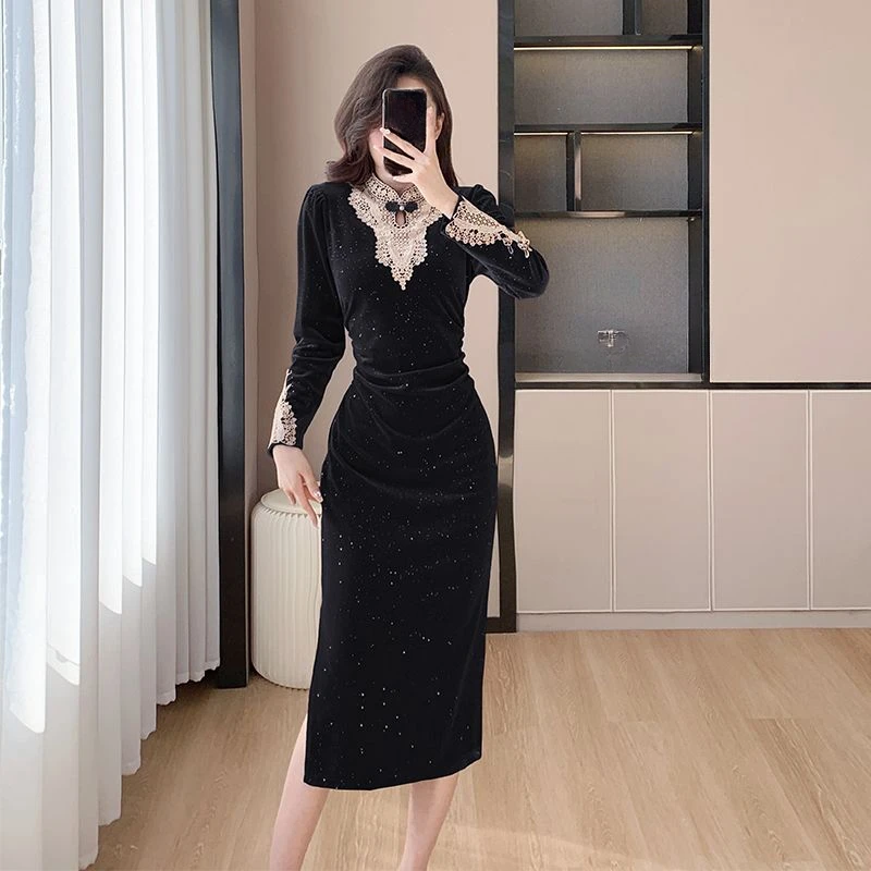 Robe en velours rouge mince patchwork de dentelle de style français pour femmes, robes en velours pour femmes, printemps, automne