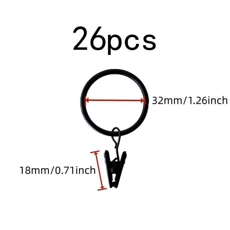 26 pcs 32mm Drapery Ring Clips for Living Room Drapery, Strong Clip Grip, Sturdy Metal Ring, also fits Bathroom Shower Panels