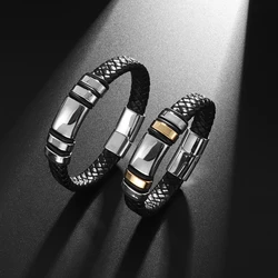Stylish Classic Black Braided Leather Bracelet Men's Hand Accessory Gift Handsome Business Bracelet with Metal Magnetic Clasp