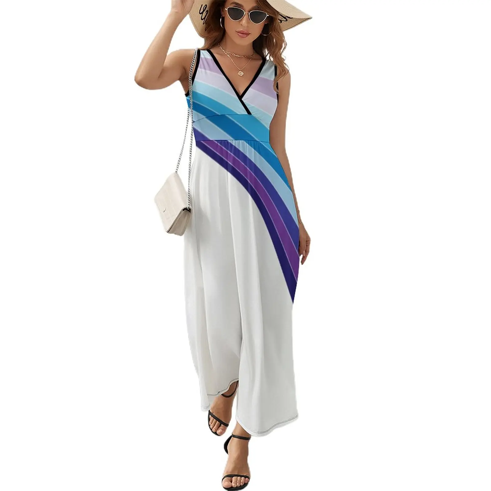 65 MCMLXV White Retro 70s Disco Blue Streaks of Light Pattern Sleeveless Dress dresses summer woman 2023