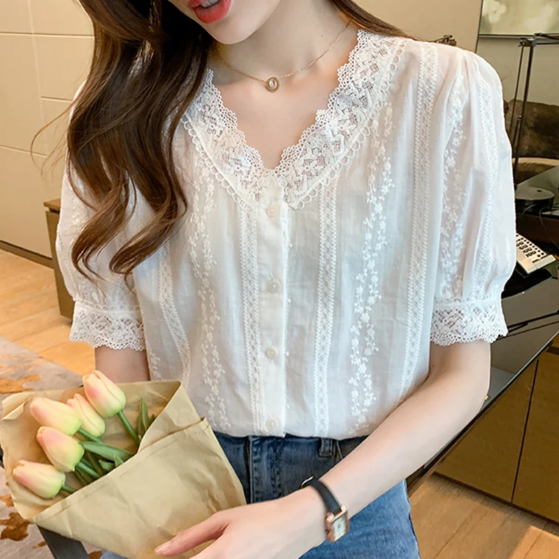 Summer Short Sleeve White Blouse Women Lace V-Neck Blouse Shirt Blusas Mujer De Moda 2024 Verano Women Tops Blouses Shirts F452