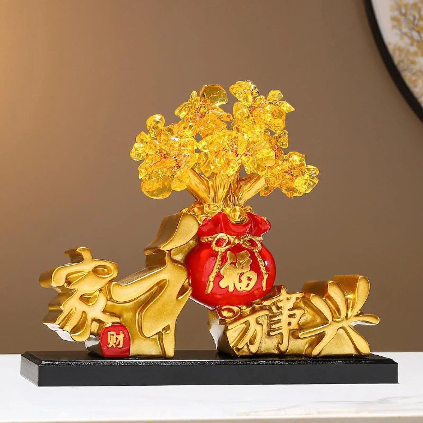 Chinese Feng Shui Wealth Tree Table Ornament Harmony Brings Wealth Desk Collection Tabletop Figurine for Shelves NightStand