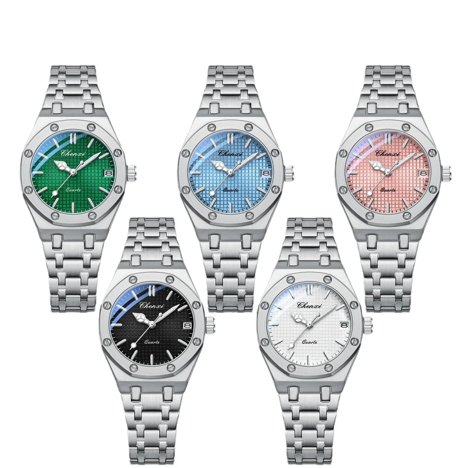 CHENXI 648 Reloj de cuarzo para mujer, reloj de pulsera con correa de acero inoxidable, luminoso, rosa, azul y verde, regalo para mujer y niña