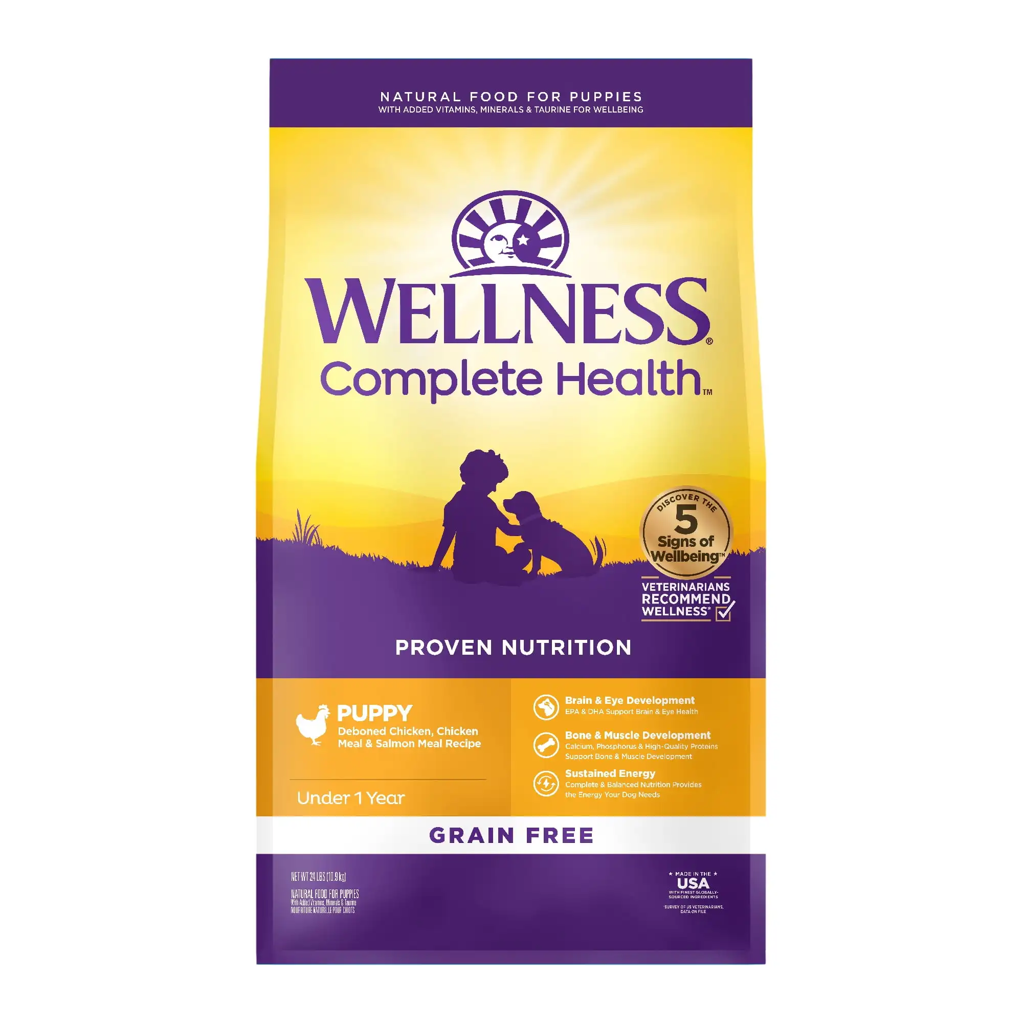 

Wellness Complete Health Натуральный сухой корм для щенков без зерна, курица и лосось, пакет 24 фунта