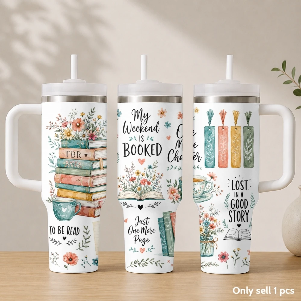 Library books Pattern Vacuum Flasks 40oz Stainless Steel Insulated Tumbler with Handle & Straw Leakproof Travel Mug