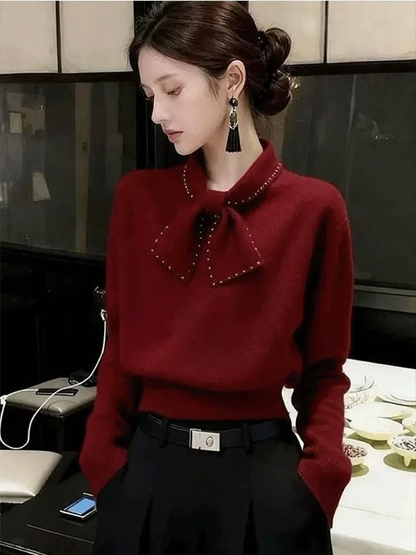 Retro Wine Red Bow Tie Knitwear Women's Autumn Winter Long Sleeve Fashionable Versatile Elegant Style Commute Fashion
