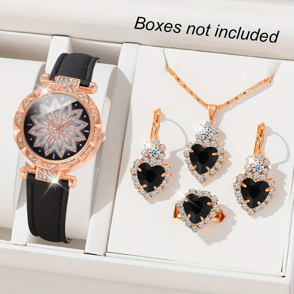 

5pcs Rhinestone Quartz Watches For Women Pu Leather Wrist Watch Alloy Pointer Jewelry Set Great Gift For Her Mom Gifts For Eid