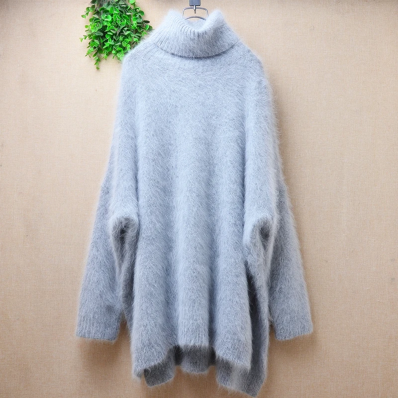 Women Mujer Autumn Winter Clothing Grey Hairy Angora Rabbit Hair Knitetd Long Sleeves Split Loose Turtleneck Pullover Sweater