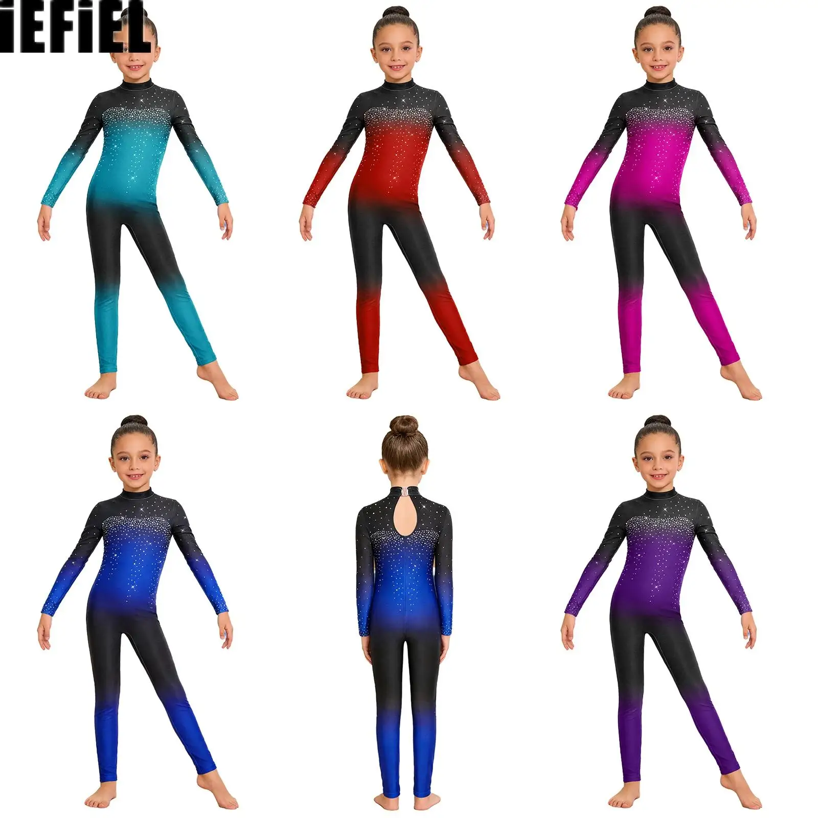 

Kids Girls Ballet Jumpsuit Mock Neck Long Sleeve Keyhole Back Shiny Rhinestones Dance Bodysuit for Performance Competition