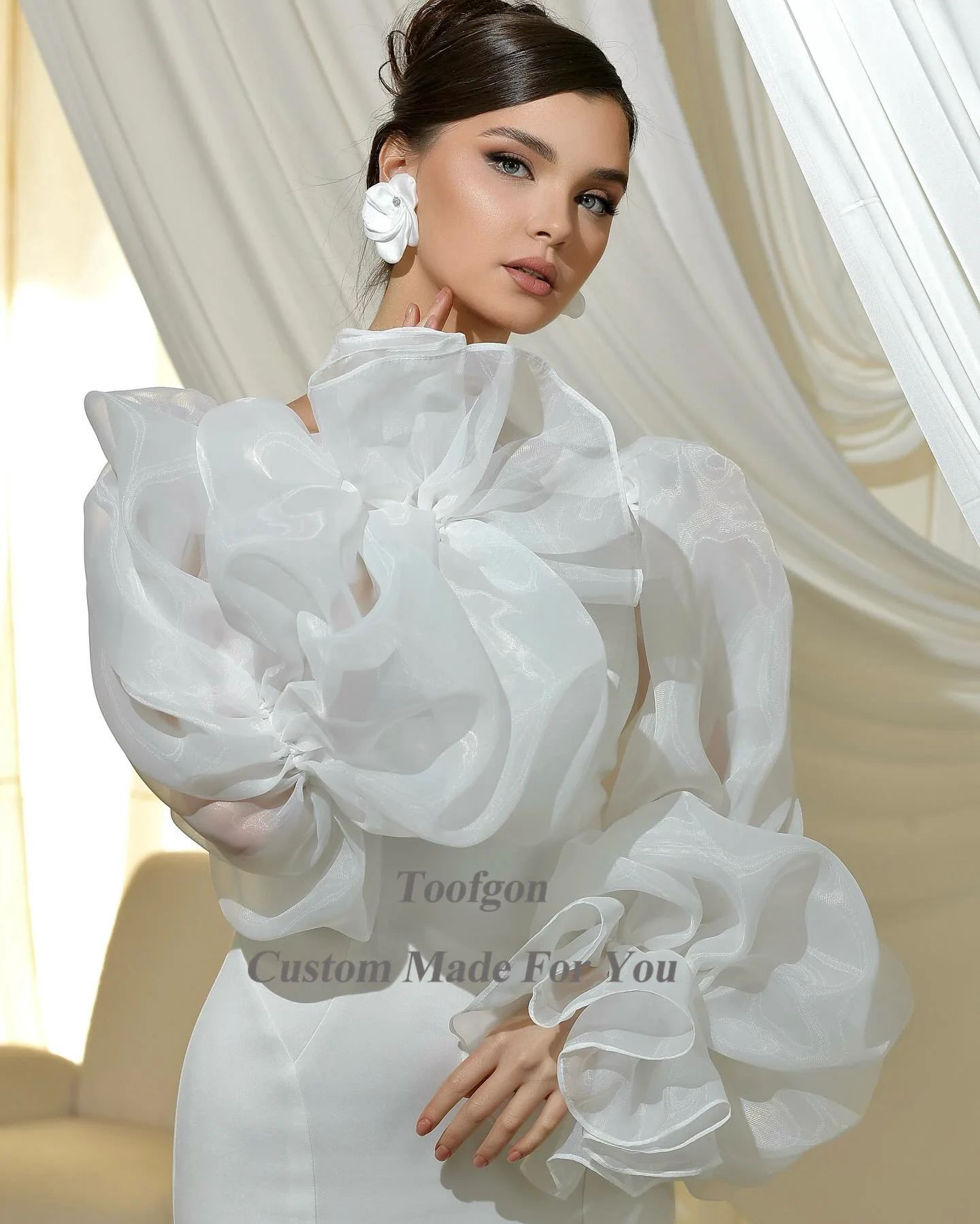 Toofgon Elegant Mermaid Satin Wedding Party Dresses Organza Long Sleeves Scoop Bride Dress Open Back Princess Bridal Gowns 2024