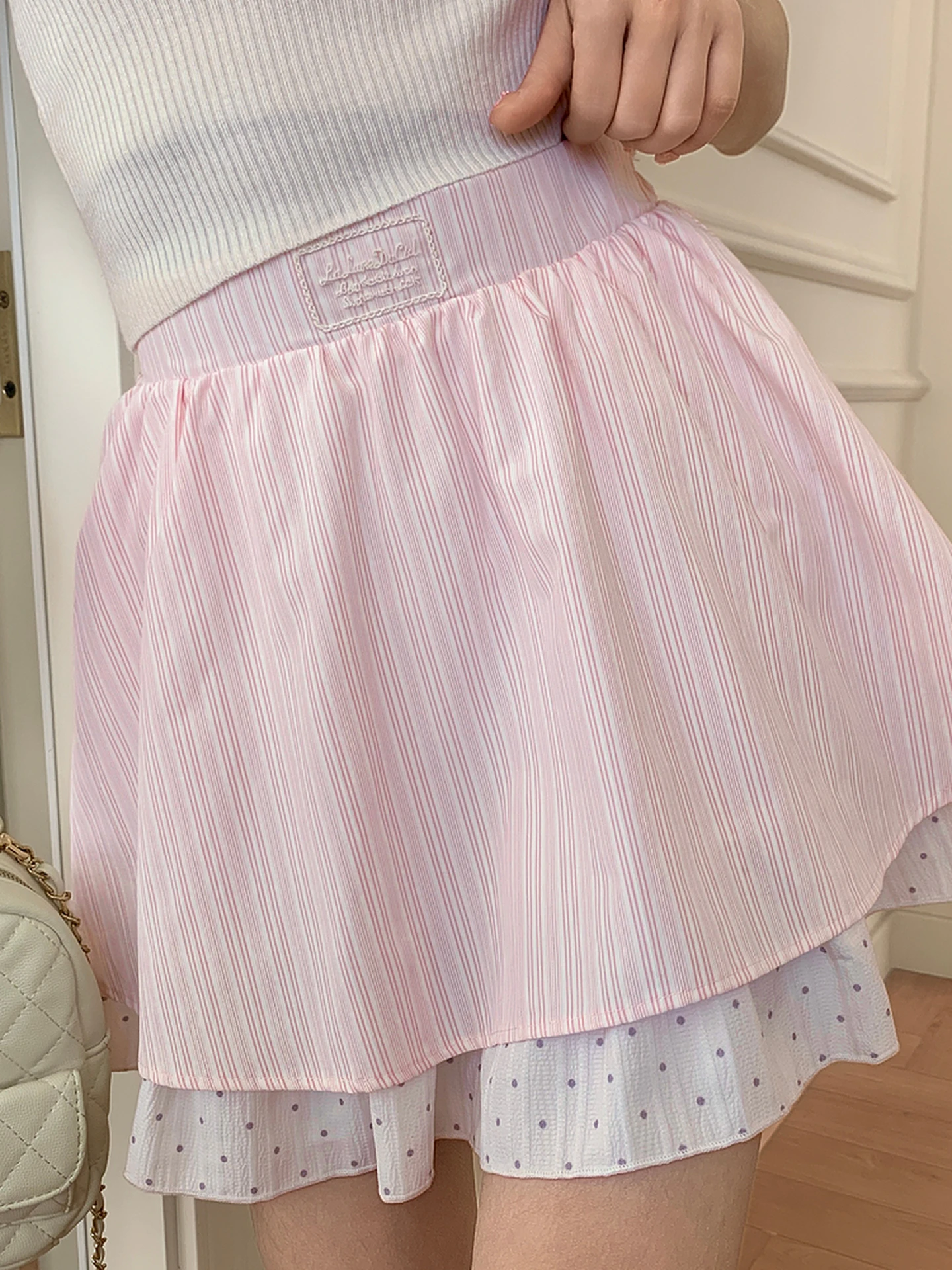 

High Waist A-Line Skirt Sweet Splice Double Layer Hem Female Fashion College Style Polyester Cotton Blend Summer New