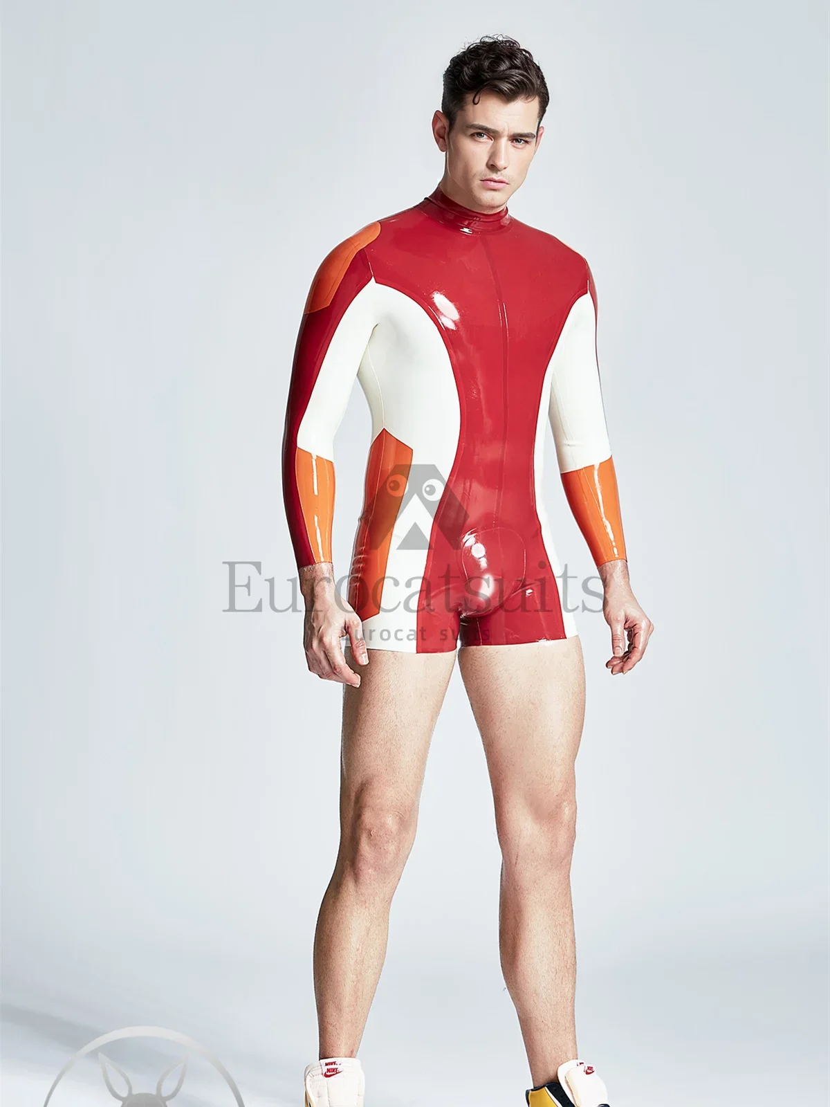 latex catsuits men eurocat suits  latex leotard rubber fetish customised Male Tri-Color Long-Sleeved Shortie Suit