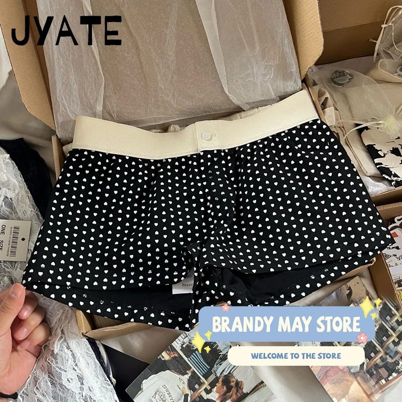 

Harajuku Heart Print Buttons Short Pants Women Cotton Soft Patchwork Casual Black Home Underwear Vintage Sweet Pajama Shorts Y2K