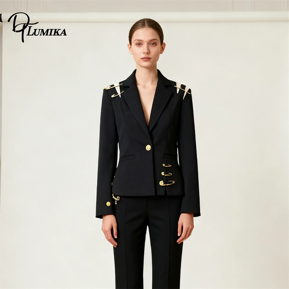 

DTLumika Trendy Suit Jacket with Pin Decoration Long Sleeves Womens Suit Blazer Mesh Patchwork Slim Fitting Designer Suit Jacket