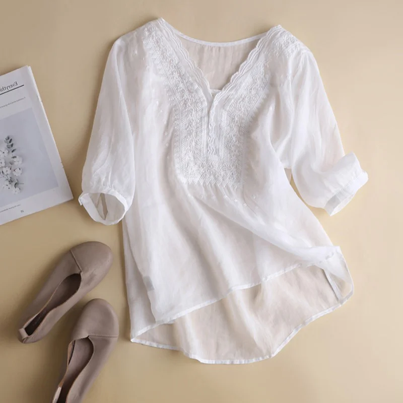 Sle giapponese da donna ort Sve irt V-Ne Top in cotone e lino ricamato vestibilità ampia per pendolari Faion Design artistico