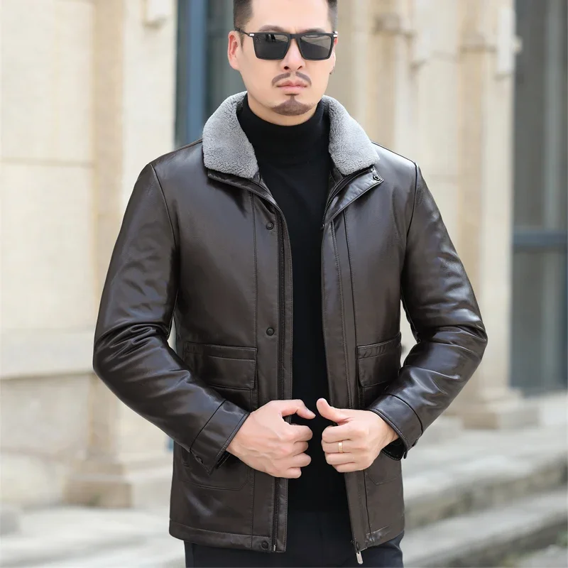 189 Winter Men's Home Leather Down Jacket Lapel Natural Sheepskin Liner Removable Middleaged Dad Dress