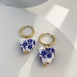 Vintage Geometric Natural Stones Ethnic Chinese Style Blue Flower Ceramic Heart Beads Stainless Steel Round Hoop Earrings