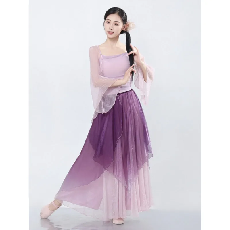 زي رقص كلاسيكي جديد - فستان شيفون أثيري متدرج مع تنورة واسعة لأداء الرقص الصيني وملابس العرض