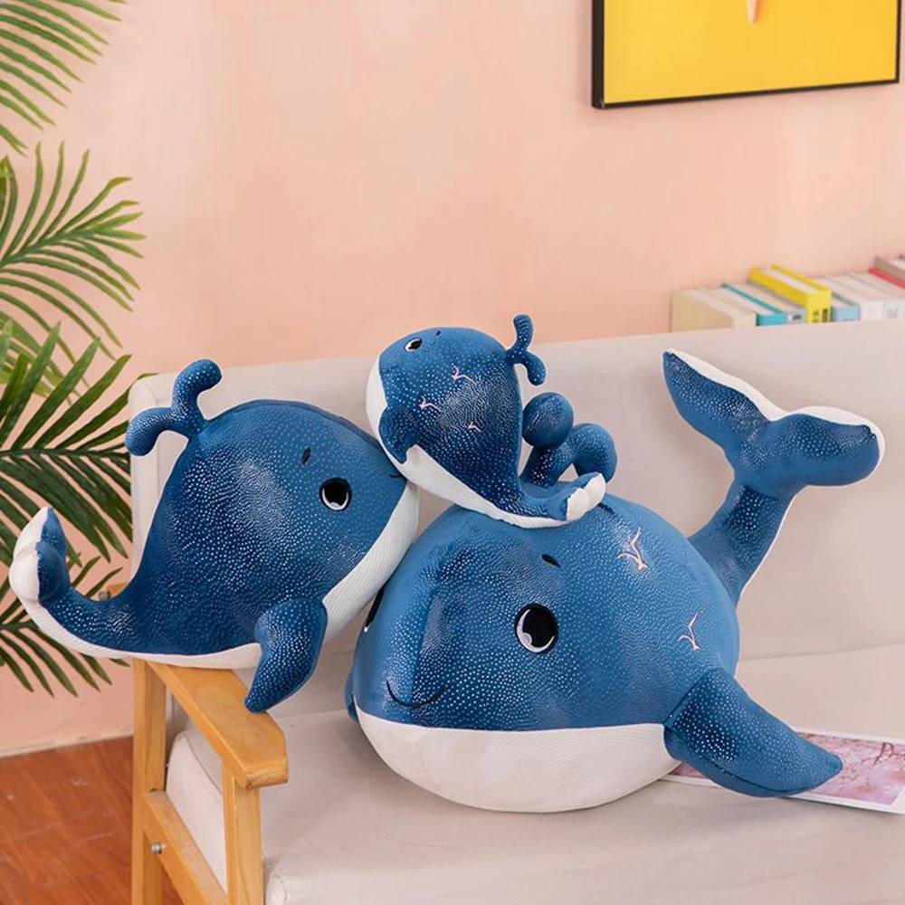 Peluche balena da 30 cm con un corno carino lenisce dormire attività di animali marini souvenir bambola blu compleanno bambino regalo di Natale