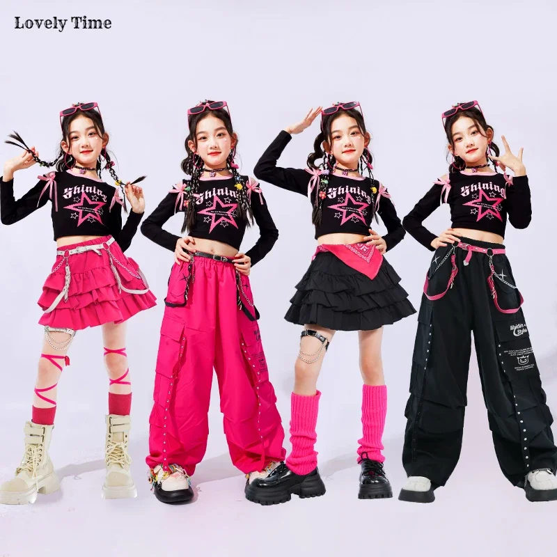 Hip Hop Girls K-pop Off Shoulder Crop Top Cargo Pants Kids Streetwear Skirts Jazz Costumes Child Sweet Street Dance Clothes Sets