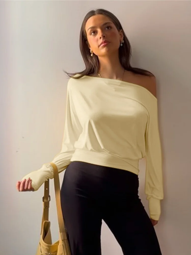 

Long Sleeves Korean Fashion Style O-neck Tshirt For Women Fake two items T-shirts Ladies Top Tee Clothes Oblique shoulder expose