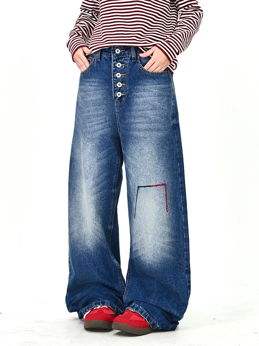

Waed Denim Jeans Women's Spring 2026 New Loose American Street Long Trousers Trendy Multi-Button Floor-Length Pants