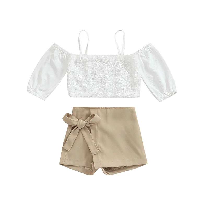 2PCS Baby Girl Off Shoulder Strap Fur Crop Tops Shirts + Elastic Waist Bow Bandage Skirt Shorts Sets