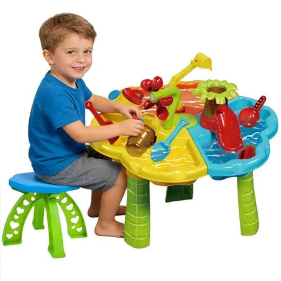 Beach Sand and Water Table with Chair 3 in 1 Indoor Outdoor Sensory Toy for Toddler Boys Girls BPA-Free Plastic, Blue Yellow, F