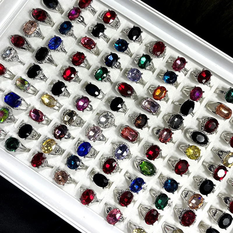 200Pcs Fashion Mixed Color Multicolor Crystal Zircon Silver Plated Ring For Women Jewelry Bulks Rings Lots LR4212