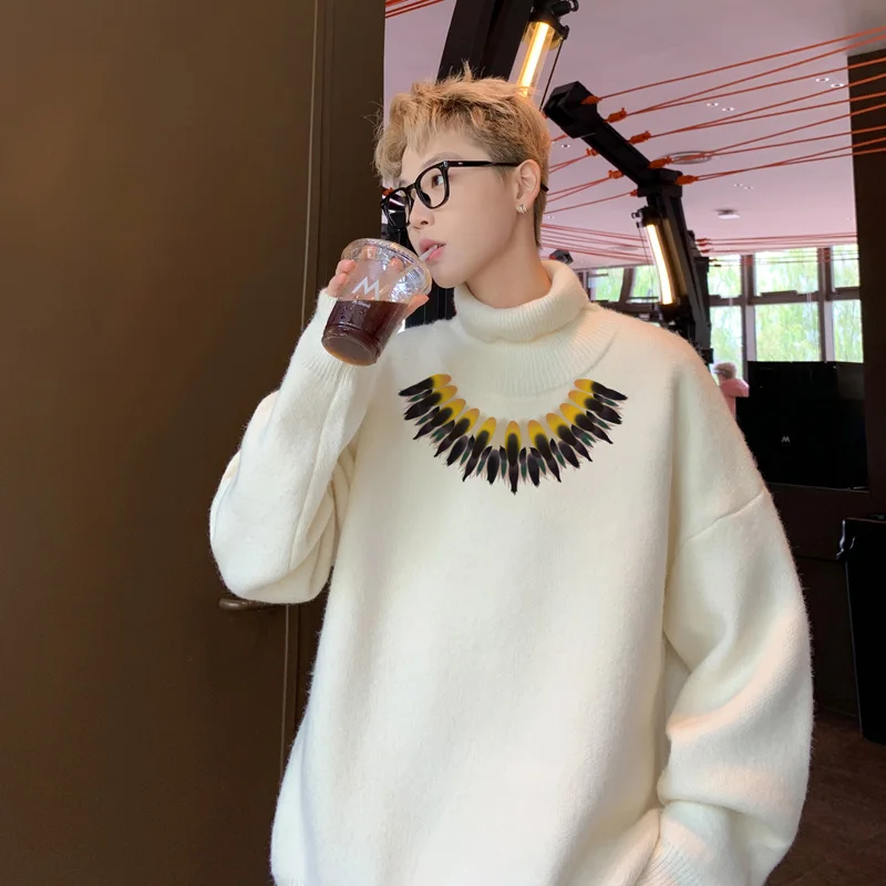 

Мужские свитера большого размера 5XL, осенний белый вязаный свитер, водолазка, модная повседневная одежда с принтом для мужчин, вязаные пуловеры, мужская одежда