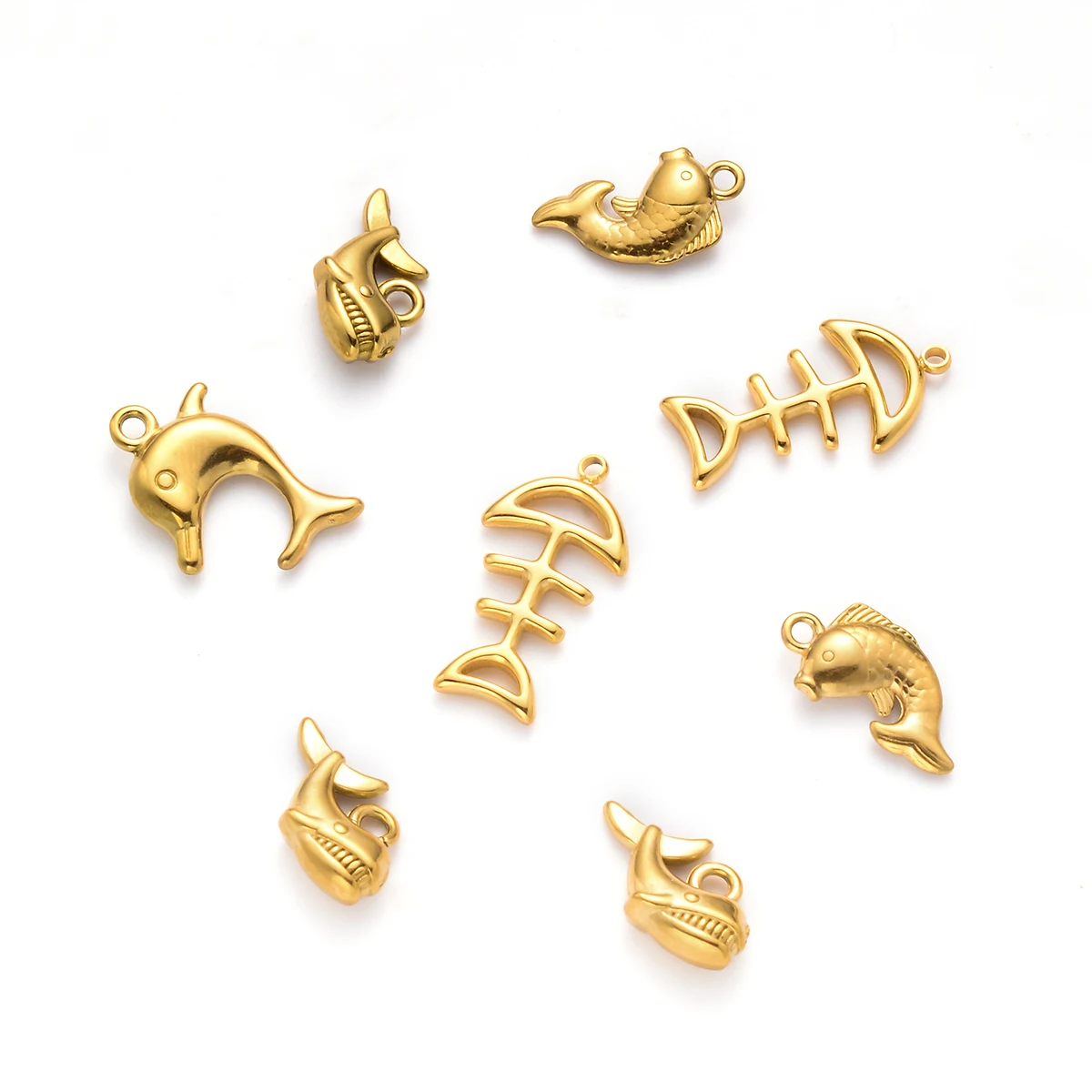 5pcs Stainless Steel Dolphin Fish Charms Shark Fishbone Pendant DIY Bracelets Necklace Jewelry Making Supplies