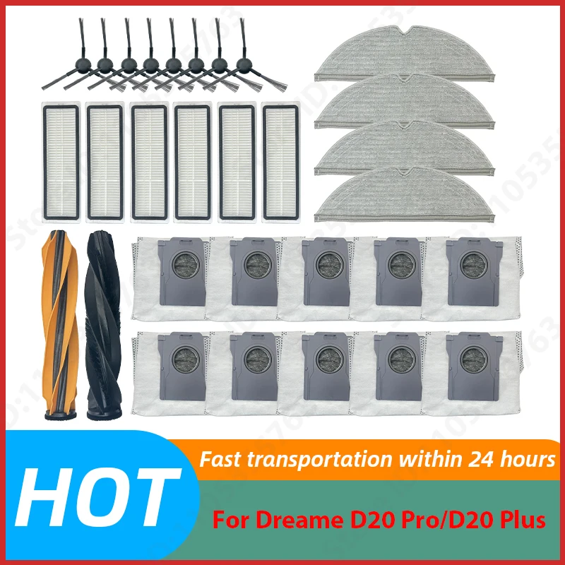 Pièces détachées pour aspirateur robot Dreame D20 Pro/D20 Plus : brosse principale, brosse latérale, filtre HEPA, chiffon de nettoyage, sac à poussière, accessoires