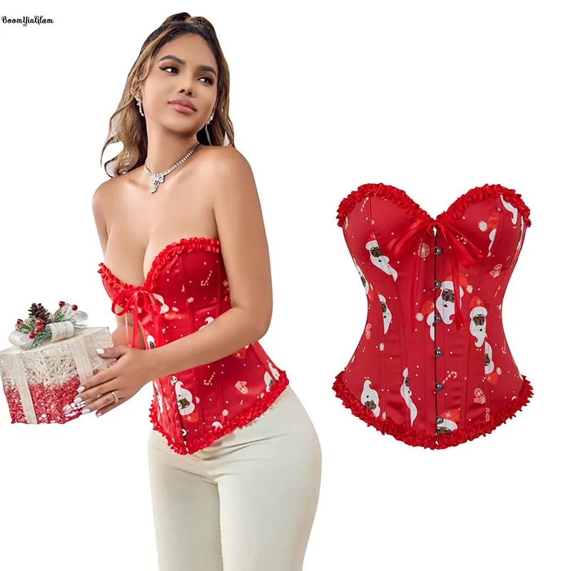 

Festival Costumes Red Mature Women Ruffled Lace Trimmer Boned Pleated Corset Plus Size Xs-XL Overbust Corselet