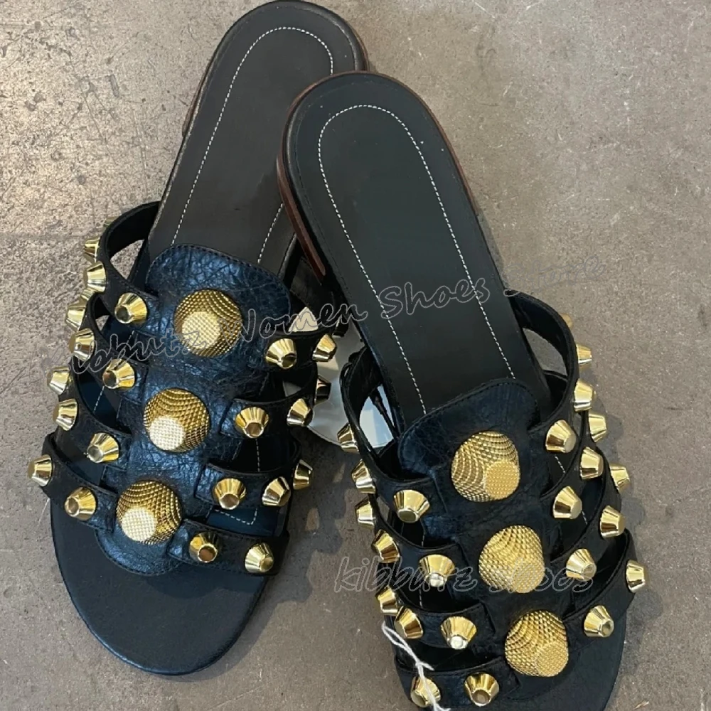 

Rivets Slipper Sandal Mixed Color Slip-On Fashion Novelty Sexy Comfortable Round Toe Flat With Shoes Outdoor Genuine Leather New