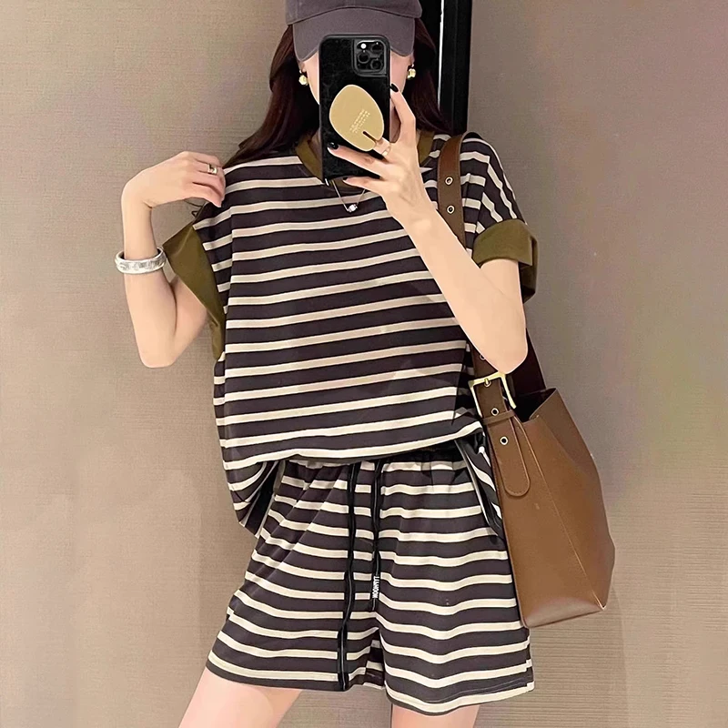 Fashionable Summer Loose Casual Striped Short-Sleeved Shorts Two-Piece Set For Women