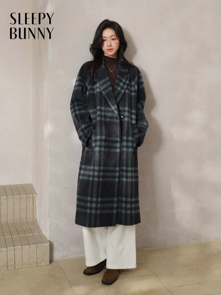 

Элегантное клетчатое шерстяное пальто для женщин, двубортное длинное пальто, зимнее теплое свободное пальто для офиса или повседневной повседневной носки
