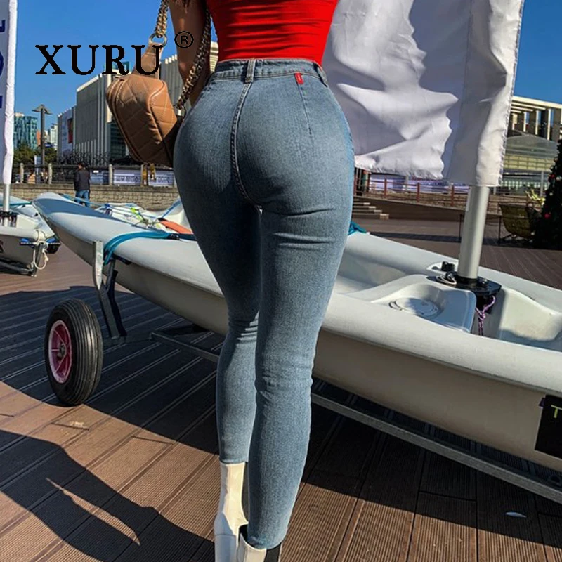 XURU-Light Blue High Waist Stretch Jeans for Women, High Street Jeans, Europe and The United States, New, N7-3073