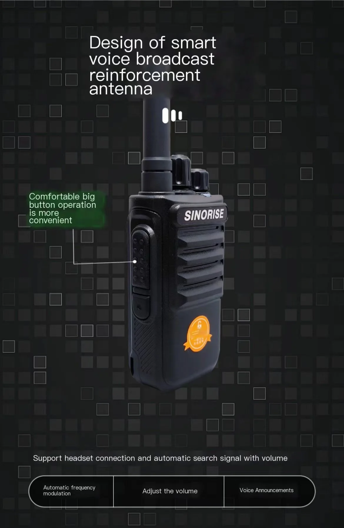SINORISE-Automatic FM Analog Walkie-Talkie, High-Power, Outdoor Unit, Small Portable, Civil, Mini Handheld, SR-628