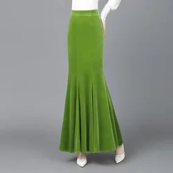 High Quality Winter Thick Pleuche Velvet Solid Long Mermaid Skirts Elegant Metallic Ankle Length Trumpet Green Skirts