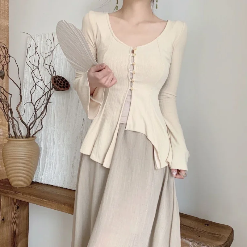 Cardigan skirt suit women's summer 2024 new high-grade niche leisure fashion long-sleeved T-shirt irregular top sling