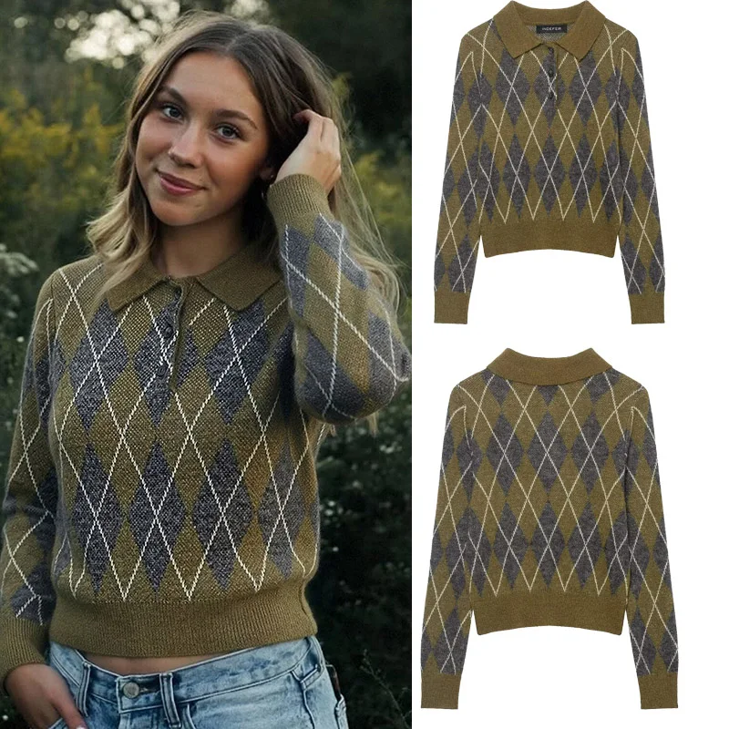 Women's Vintage Turn-down Collar Long Sleeve Knitted Sweater Autumn Winter Casual Pullover Elegant Lady Top 2026 New