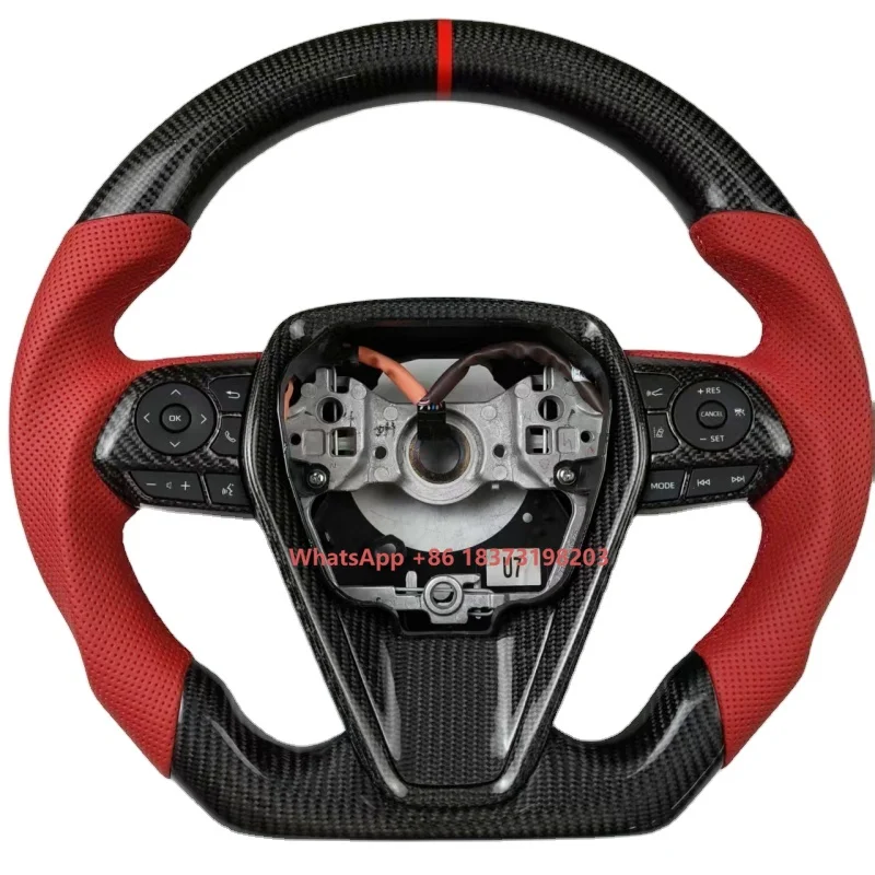 

D-Shape Carbon Steel Sports Steering Wheel with Luxury Red Stitch Design Compatible with for Camry Corolla Land Cruiser